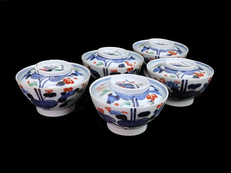 古伊万里　染錦　河骨紋の図　広東型　蓋茶碗　５客　C859AS-CEw