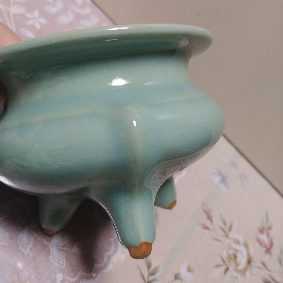 蘇山　袴腰香炉 香炉 青磁　純銀蓋　共箱あり　古美術　骨董品