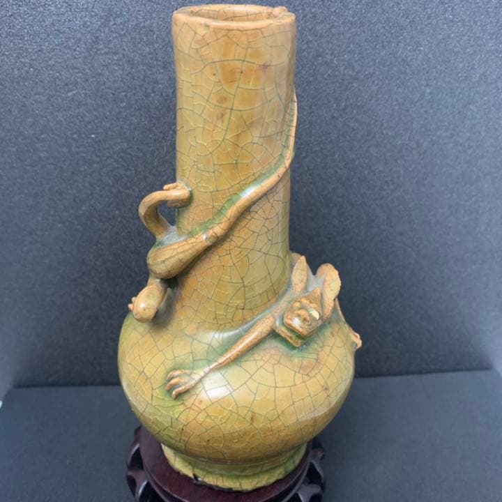 時代　瀬戸　緑釉獣瓶　古瀬戸　黄瀬戸　緑釉瓶　漢緑釉　竜生九子花瓶　小壺　ガラス