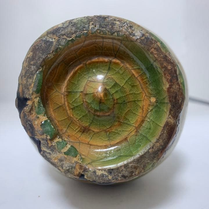 時代　瀬戸　緑釉獣瓶　古瀬戸　黄瀬戸　緑釉瓶　漢緑釉　竜生九子花瓶　小壺　ガラス