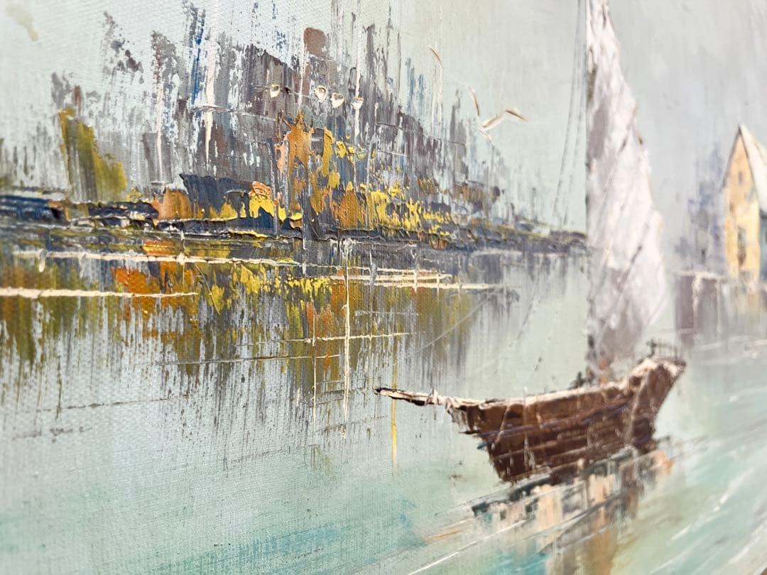 【貴重】ヨットハーバー油絵　豪華額装付