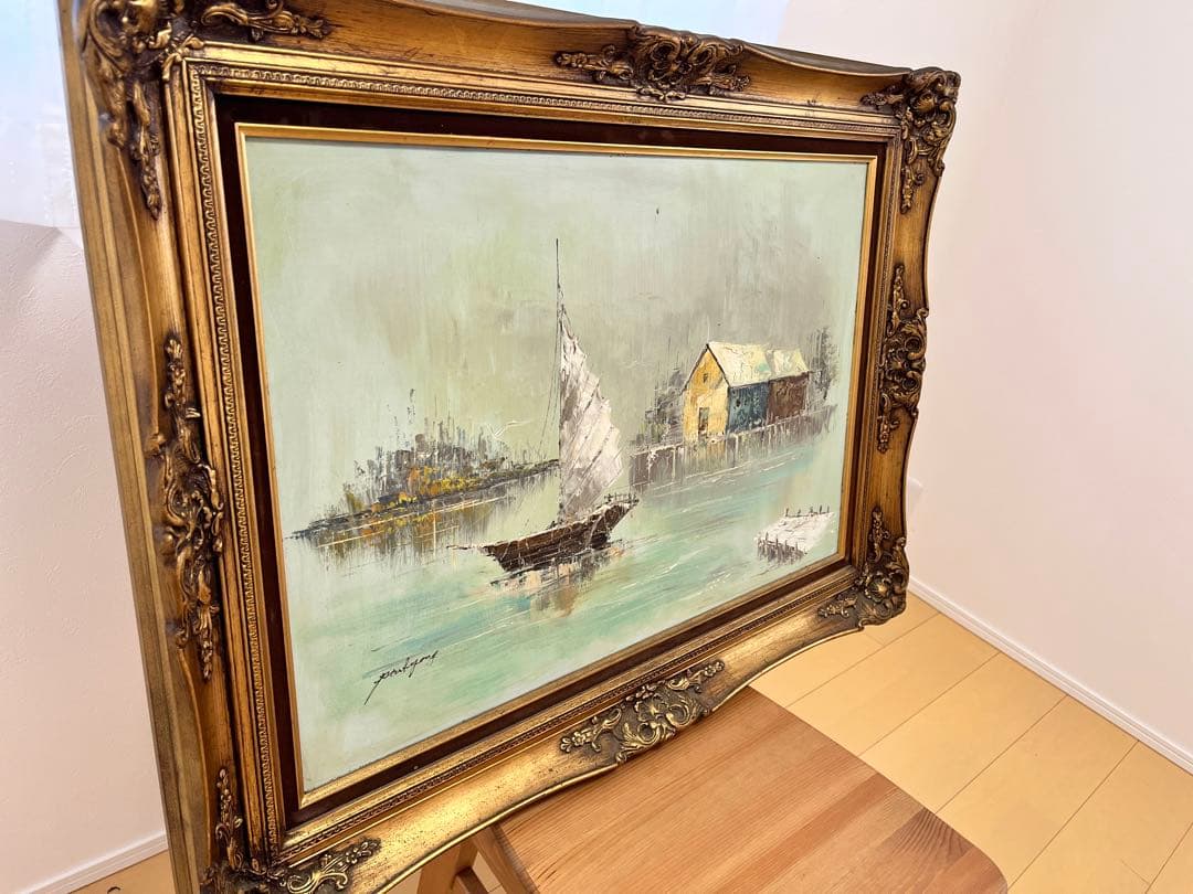 【貴重】ヨットハーバー油絵　豪華額装付