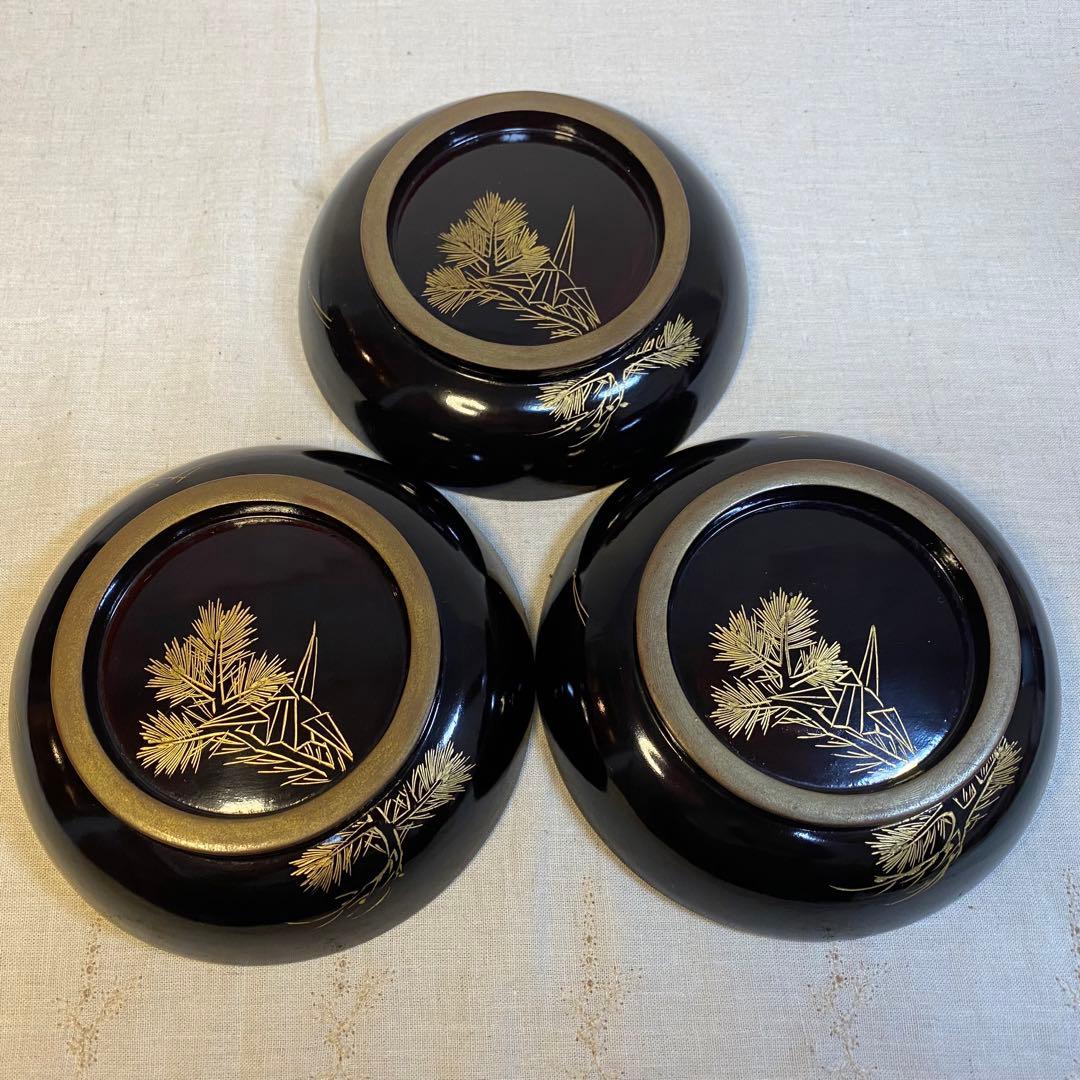 輪島塗　吸物椀　菓子椀　煮物椀　お椀　漆器　金蒔絵　松の図　木製　3客　セット⑧