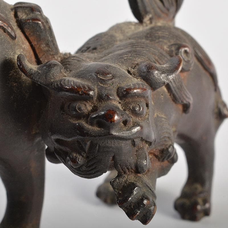 中国　古銅宣徳銅　玉乗り獅子　親子　鈴　置物　M　R7409