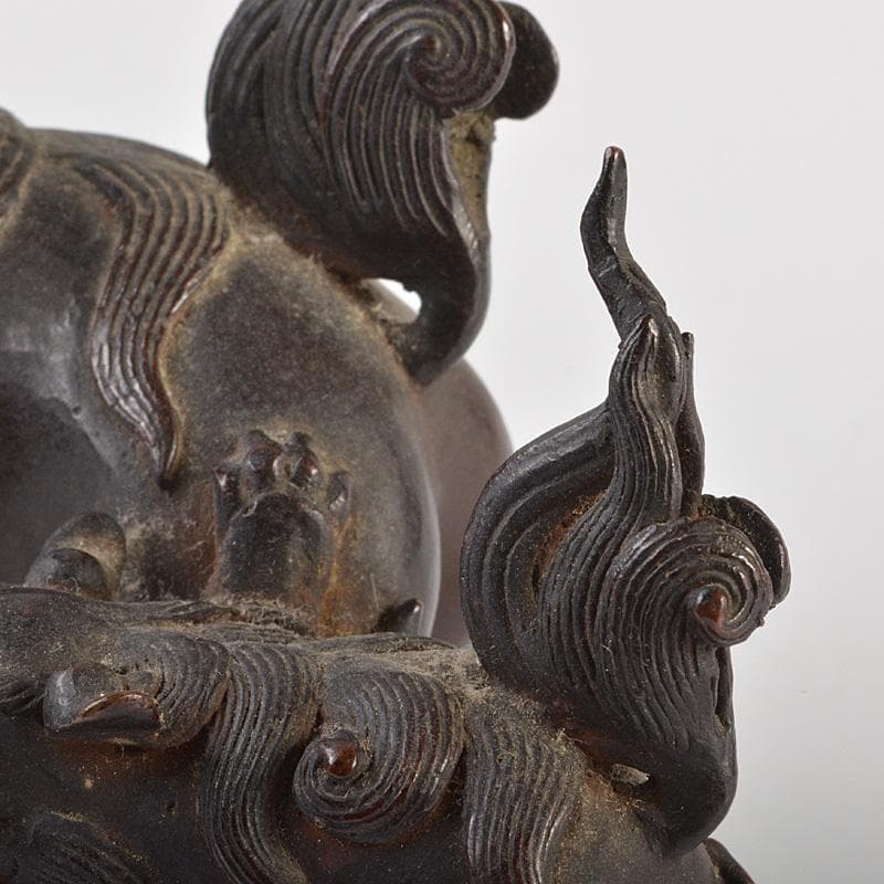 中国　古銅宣徳銅　玉乗り獅子　親子　鈴　置物　M　R7409