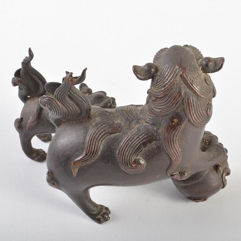 中国　古銅宣徳銅　玉乗り獅子　親子　鈴　置物　M　R7409