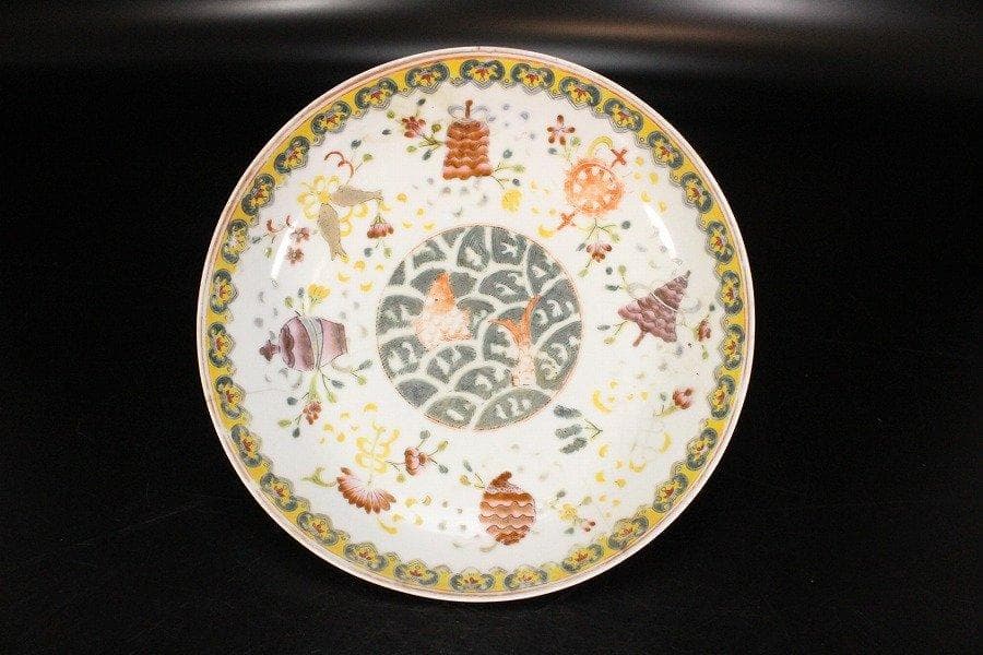中国美術 色絵 魚紋 盤 φ18cm 光緒年製款 旧家蔵出