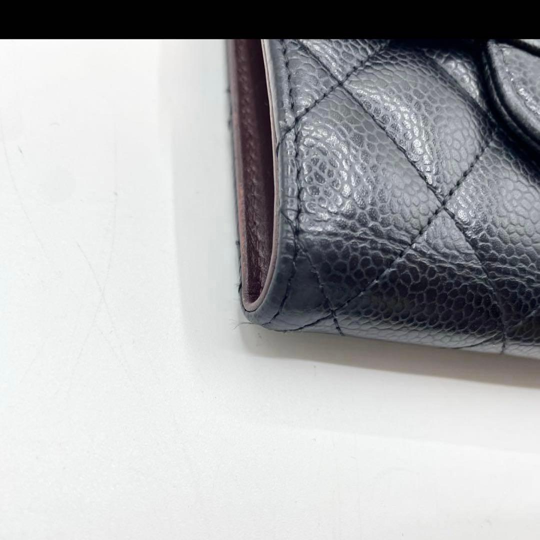 極美品　シャネル　マトラッセ　キャビアスキン　三つ折り財布　黒