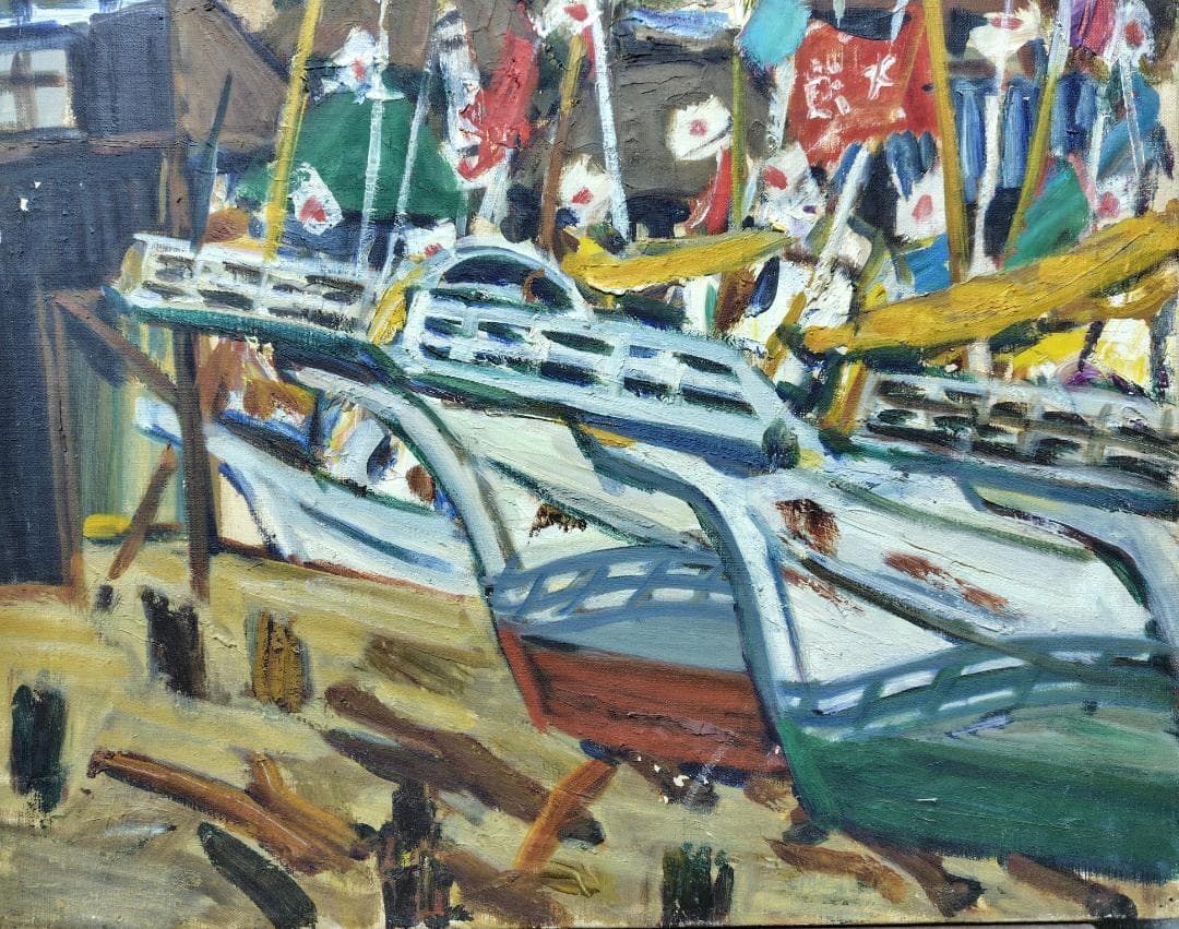 「正月の漁村」'68 F12 油絵 絵画 油彩画 日本 日の丸 国旗