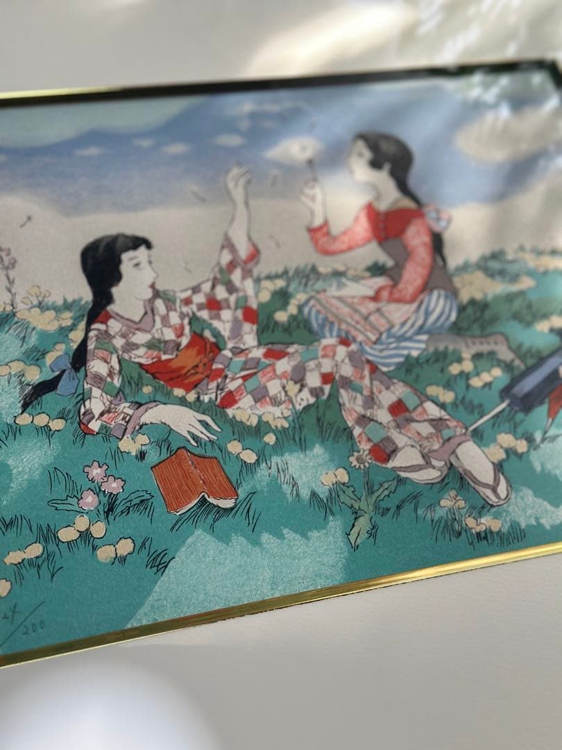 竹久夢二　タンポポの丘　リトグラフ　版画124/200 箱付き