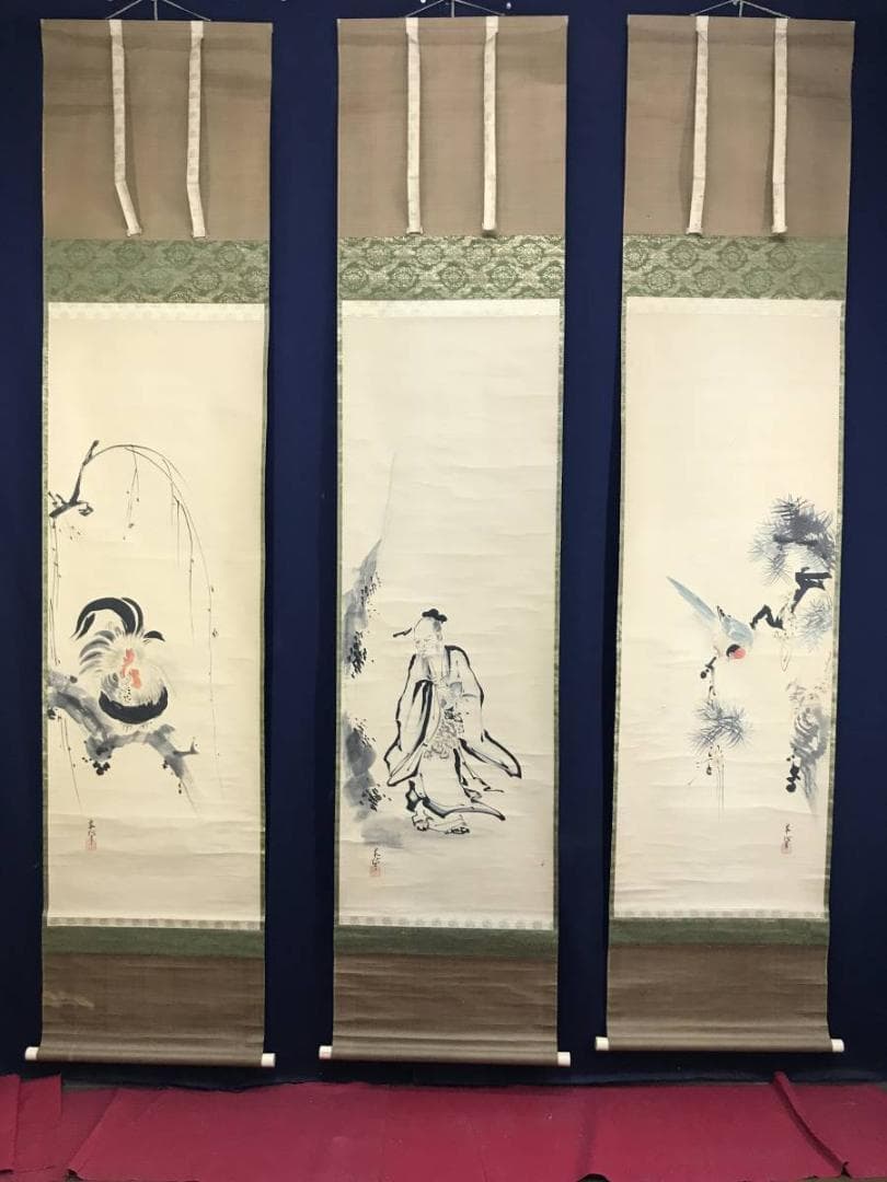 真作/狩野岑信/桃仙人花鳥図/東方朔/尾長鳥図/三幅対/名家伝来/AE-205
