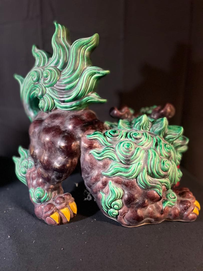 はやみ玉乗り獅子 糠川清章作　九谷焼 魔除け 縁起物 狛犬 剣 置物 緑