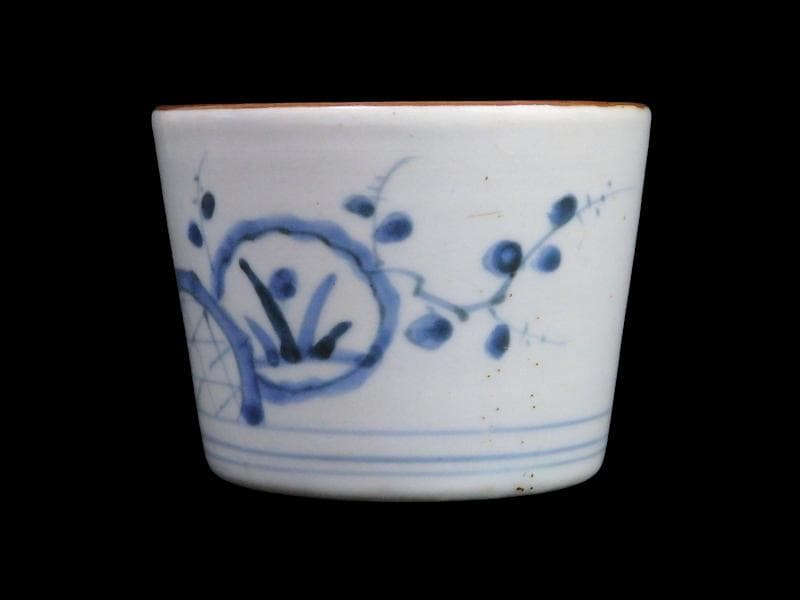 古伊万里　染付　竹籠に秋草紋の図　蕎麦猪口　A015AS-CYu