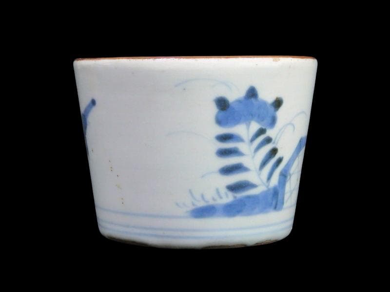 古伊万里　染付　竹籠に秋草紋の図　蕎麦猪口　A015AS-CYu