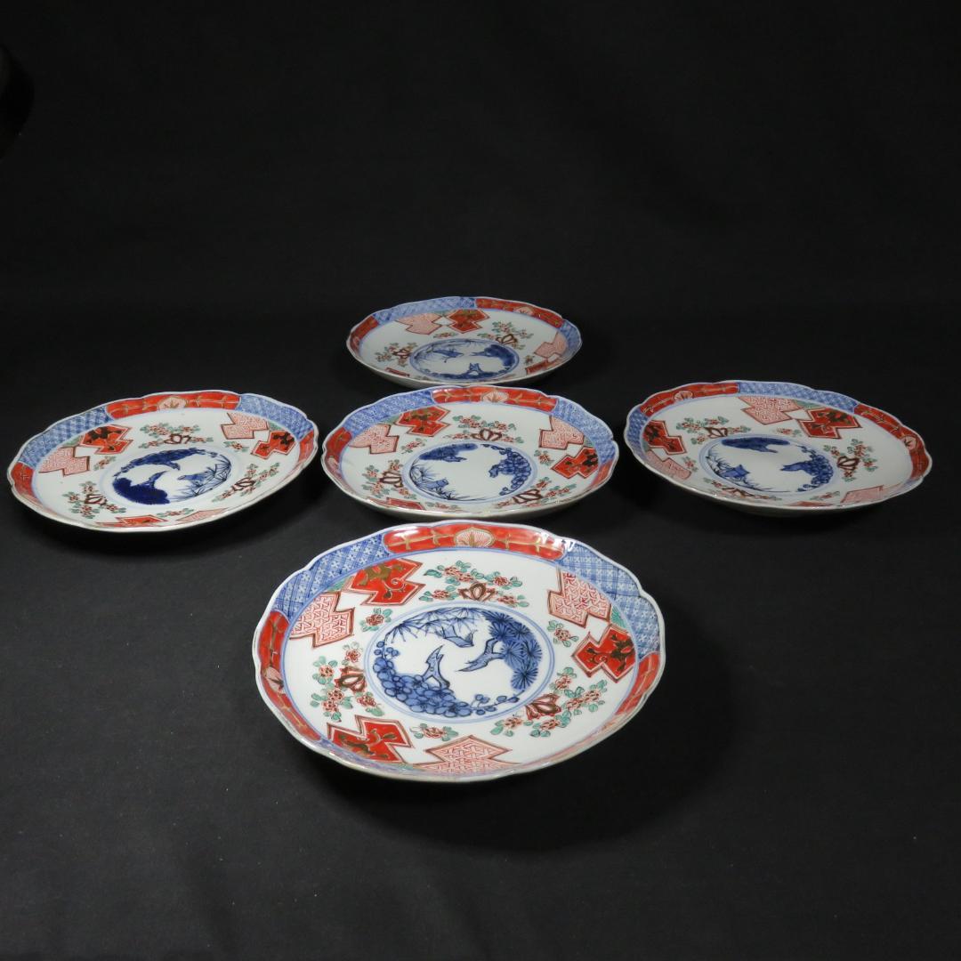 中皿 5枚 金彩 色絵付 歪み 窯傷 松竹梅 花文様 唐草 江戸 明治