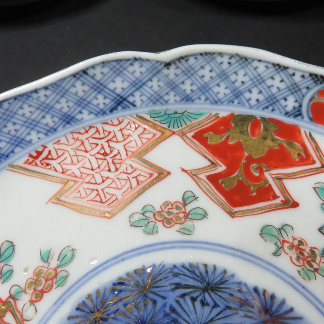 中皿 5枚 金彩 色絵付 歪み 窯傷 松竹梅 花文様 唐草 江戸 明治