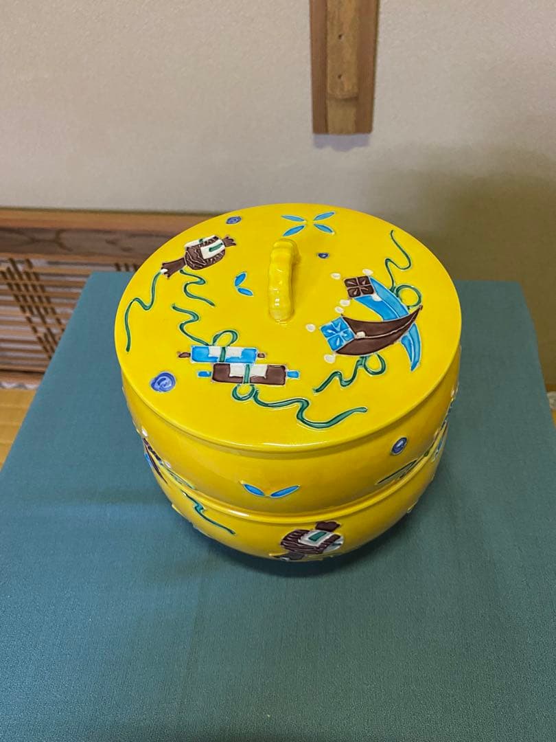 茶道具/水指 黄交趾京焼 龍岳造 清水焼鶴