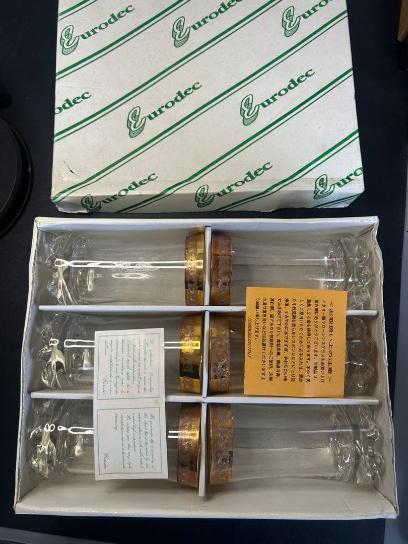 イタリア製の24K金彩グラス 6客　旧家蔵出し、縁起物、金運、開運