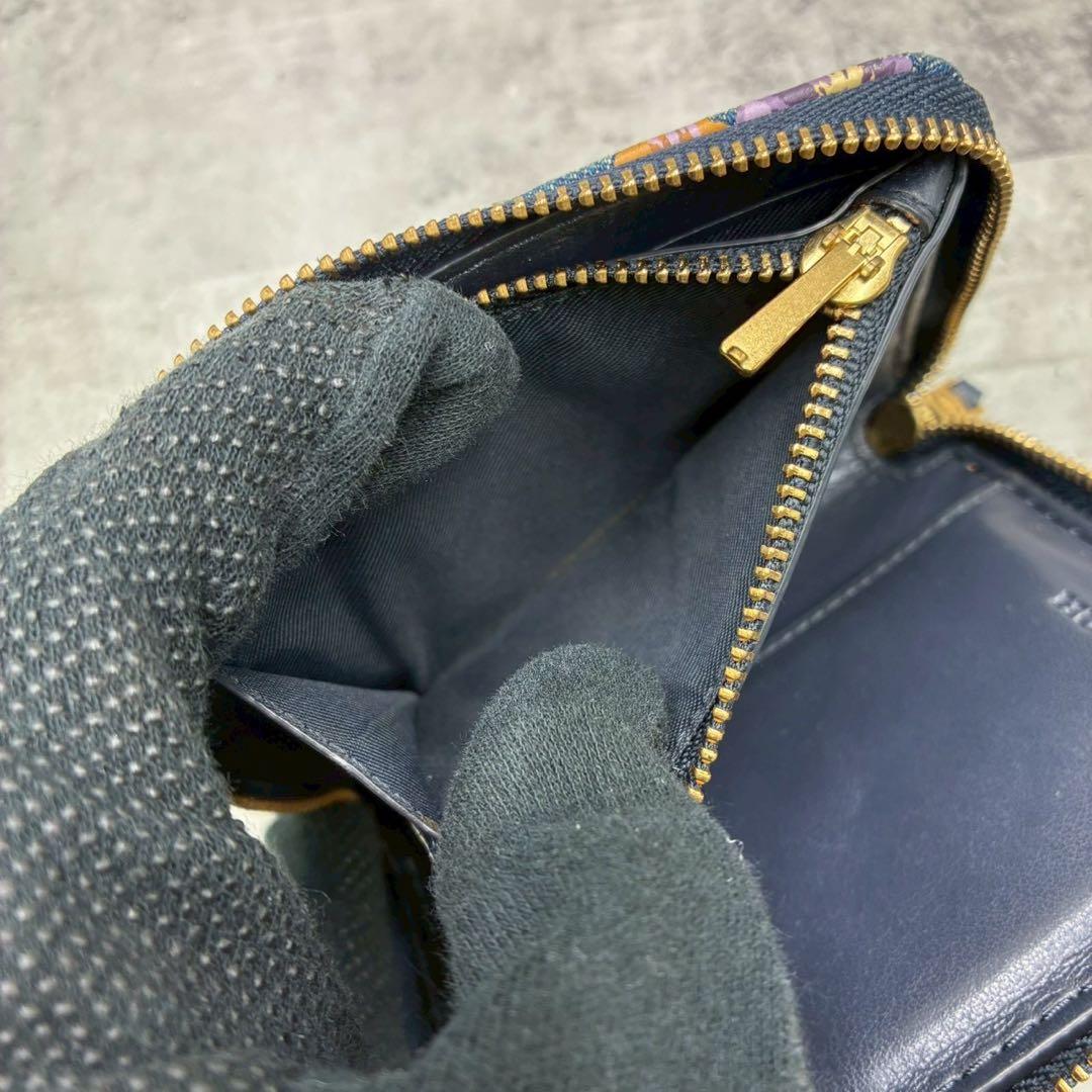 極美品 コーチ デニム ラウンドファスナー コンパクトウォレット ミニ財布 花柄