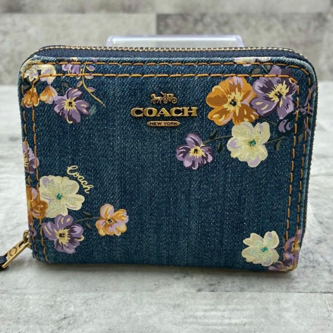 極美品 コーチ デニム ラウンドファスナー コンパクトウォレット ミニ財布 花柄