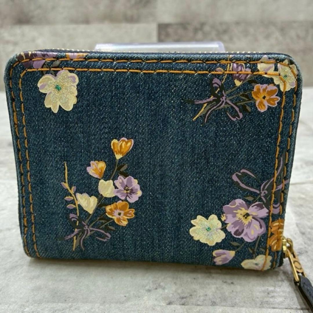 極美品 コーチ デニム ラウンドファスナー コンパクトウォレット ミニ財布 花柄