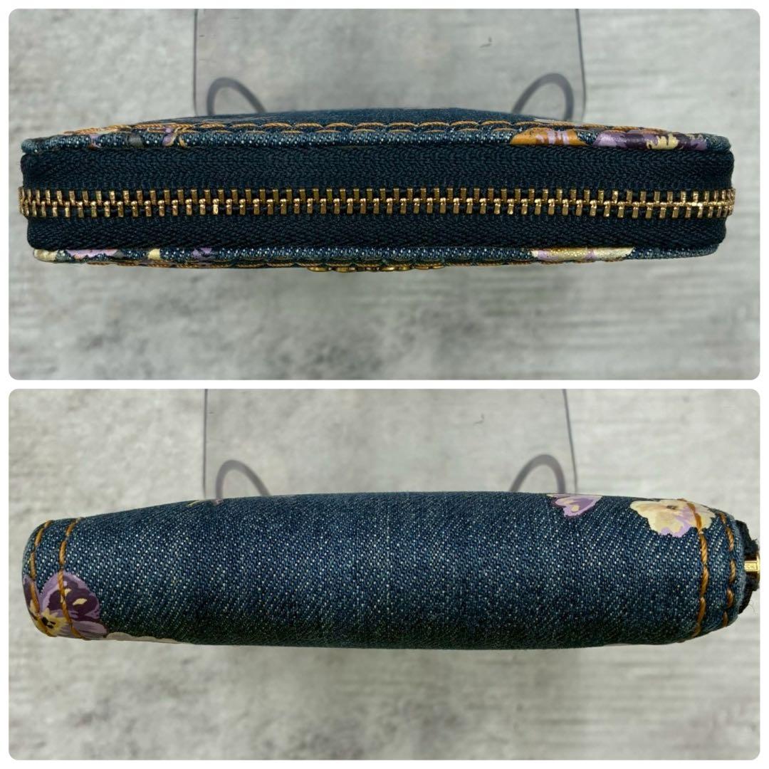 極美品 コーチ デニム ラウンドファスナー コンパクトウォレット ミニ財布 花柄