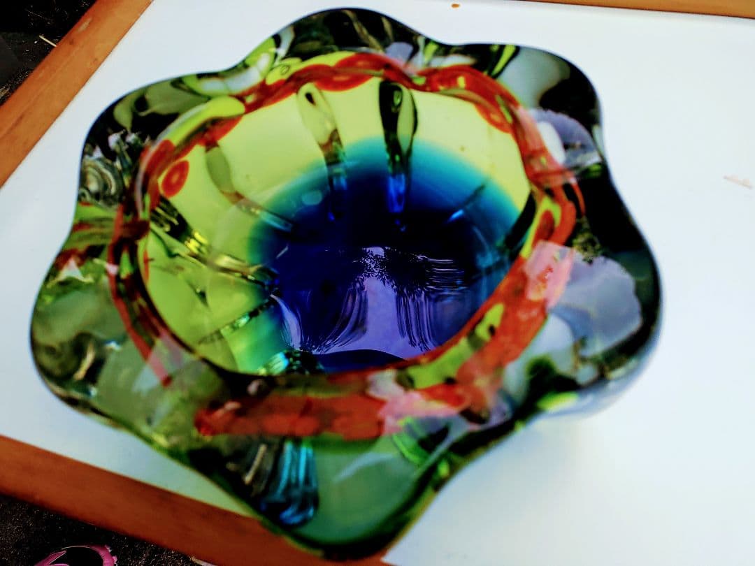 マルティグラス　灰皿　レトロ　オレンジ花柄　グリーン