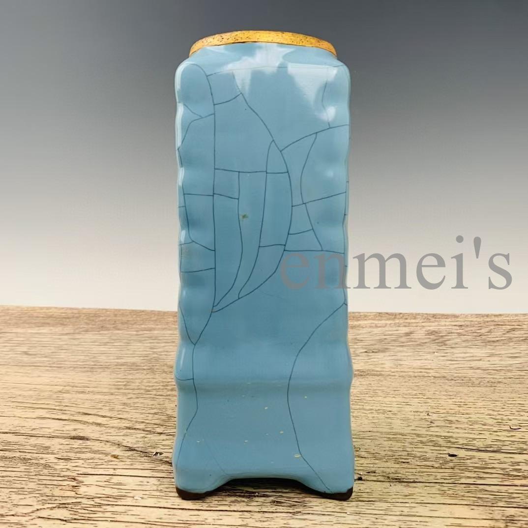 中国古美術・宋官窯風 金彩詩文青瓷瓶・花瓶・青釉・陶器・茶道具・文房置物・賞物