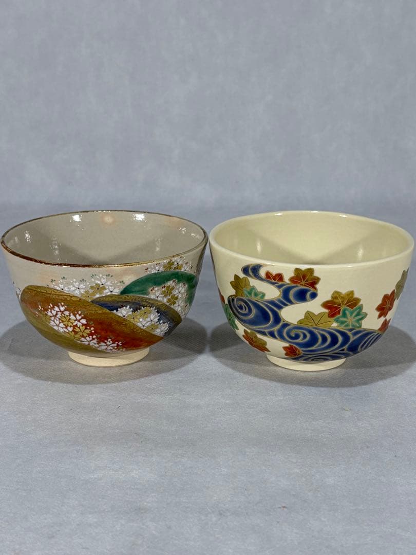 杣山焼　南口閑粋造　吉野山 竜田川　一双茶盌　美品　共箱　茶道具　送料込