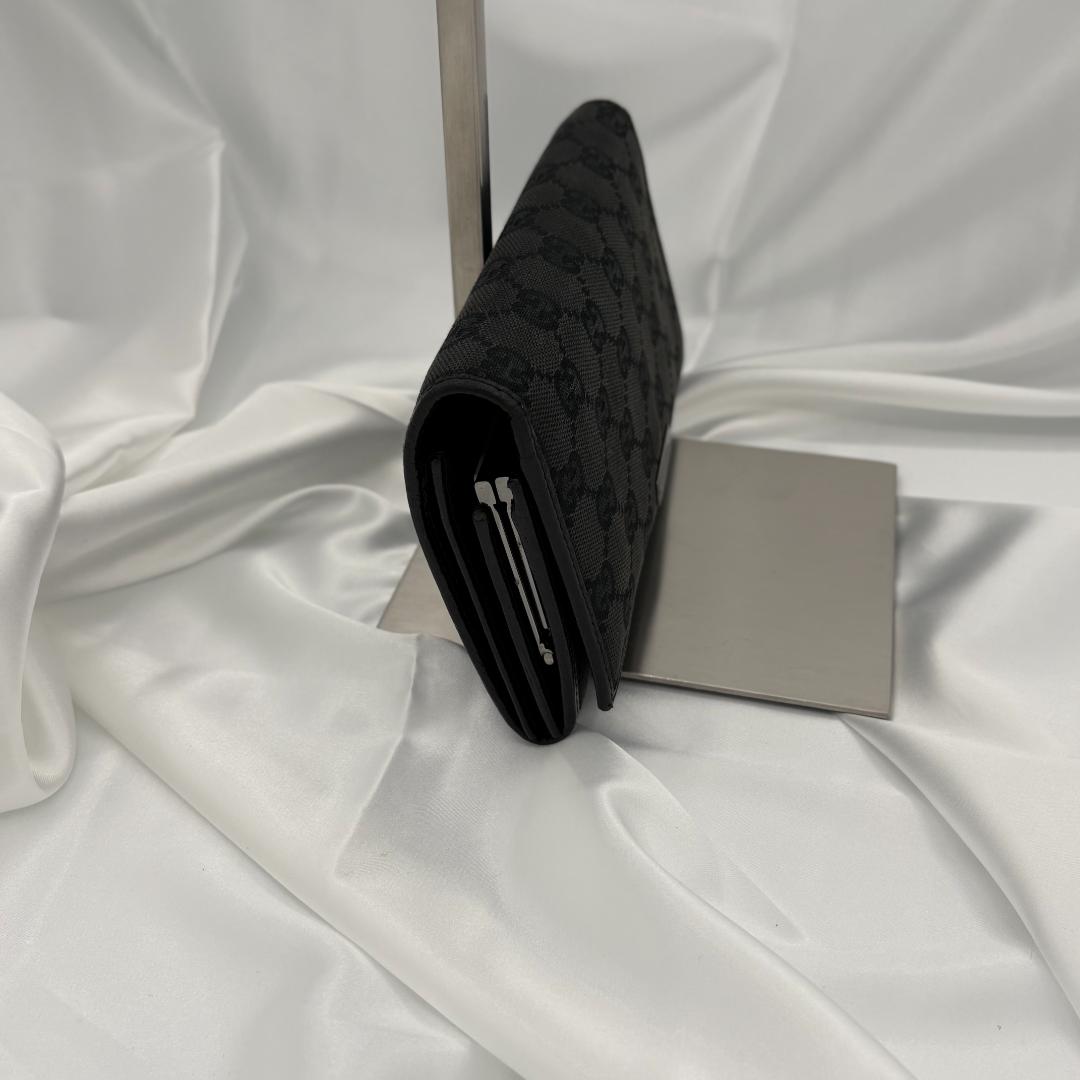 【美品】GUCCI グッチ三つ折り財布 GGキャンバス ブラック レザー がま口