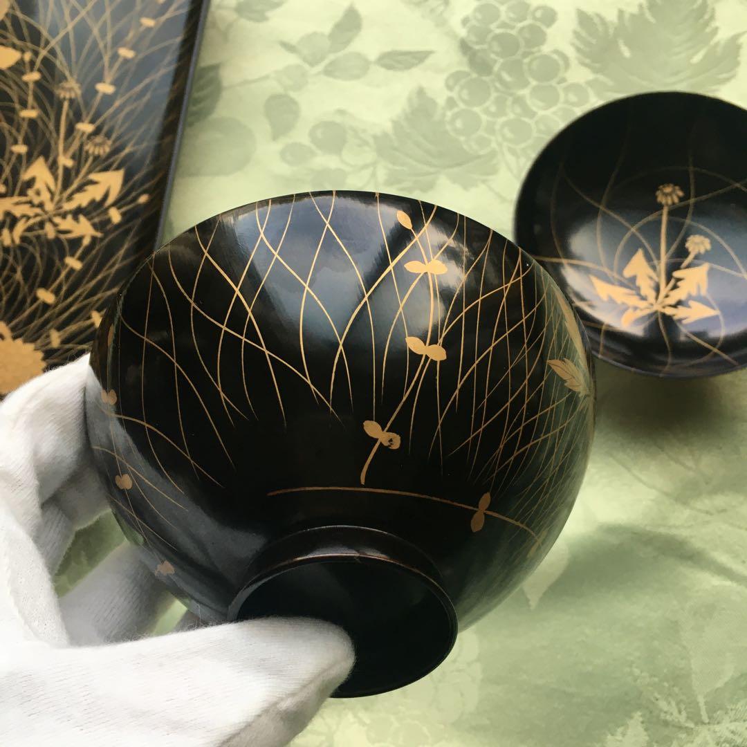 逸品　極上春の七草蒔絵　四方脚付膳　蓋付碗セット　C