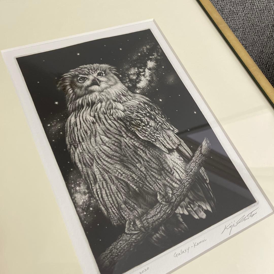 サイン入り　生田宏司　ギャラクシーカムイ　フクロウ　銅版画　メゾチント