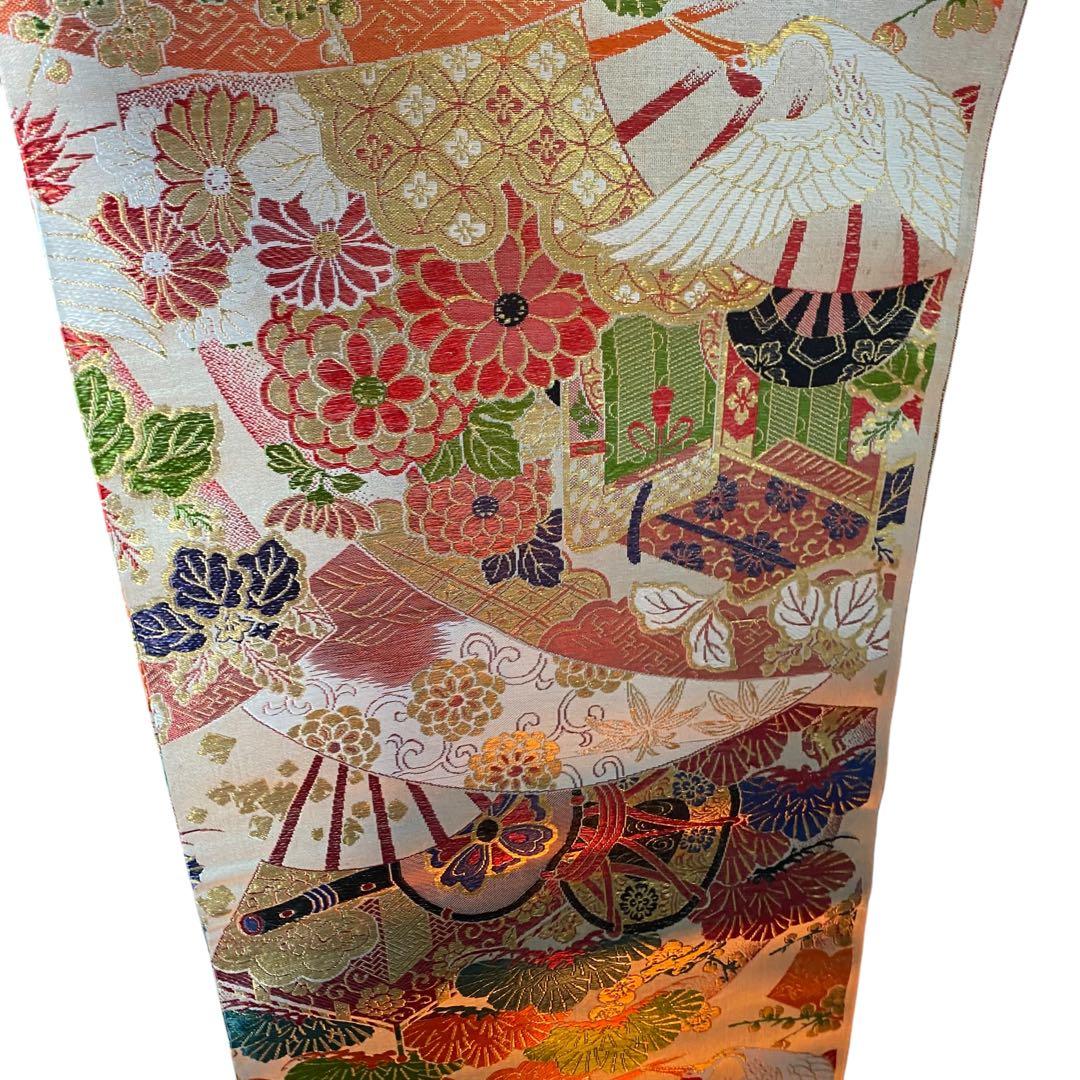 未使用　西陣織　ヴィンテージ 古布　反物　帯や着物にも　鶴、金系　正絹