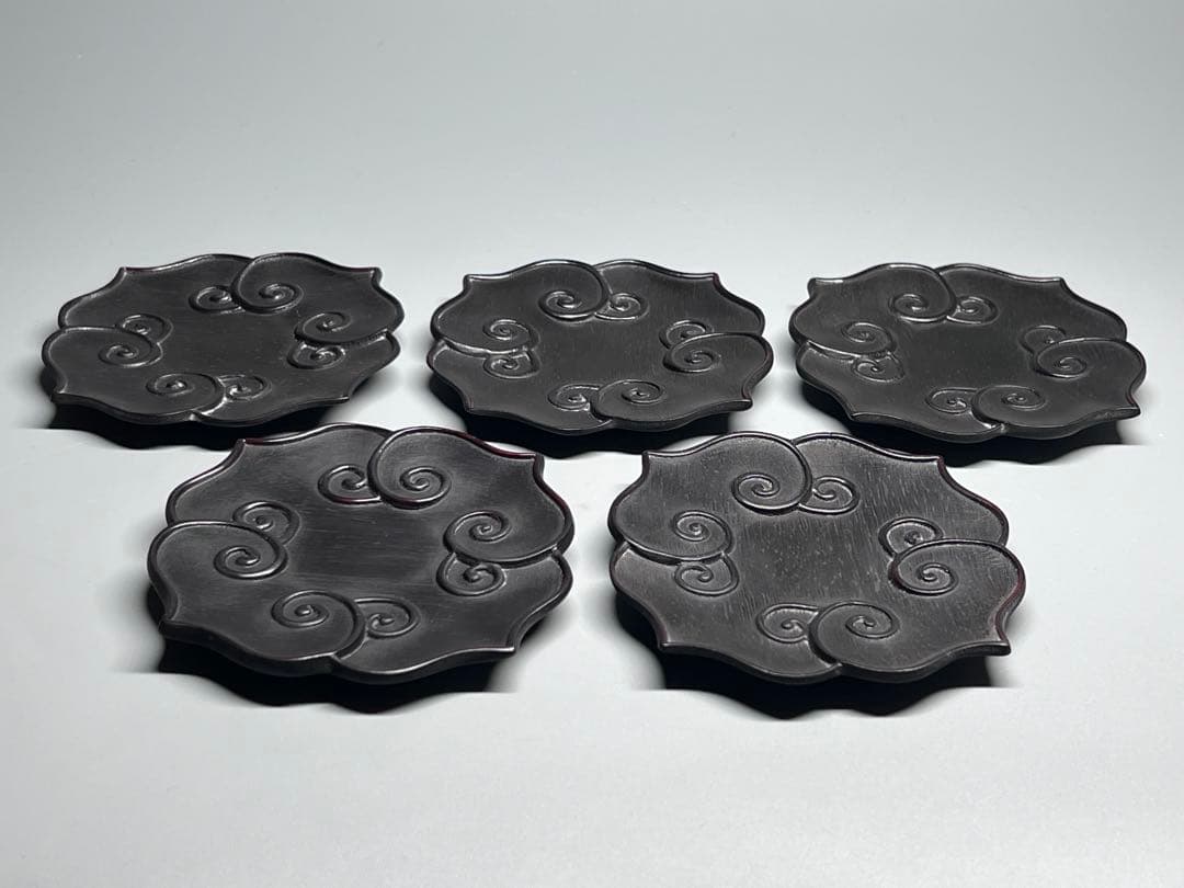 中国古美術　時代物　唐木　五客　茶托　茶道具　木製　巻草紋　浮彫　極細工