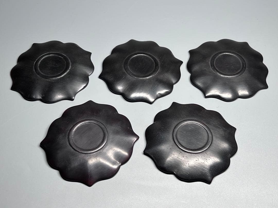 中国古美術　時代物　唐木　五客　茶托　茶道具　木製　巻草紋　浮彫　極細工