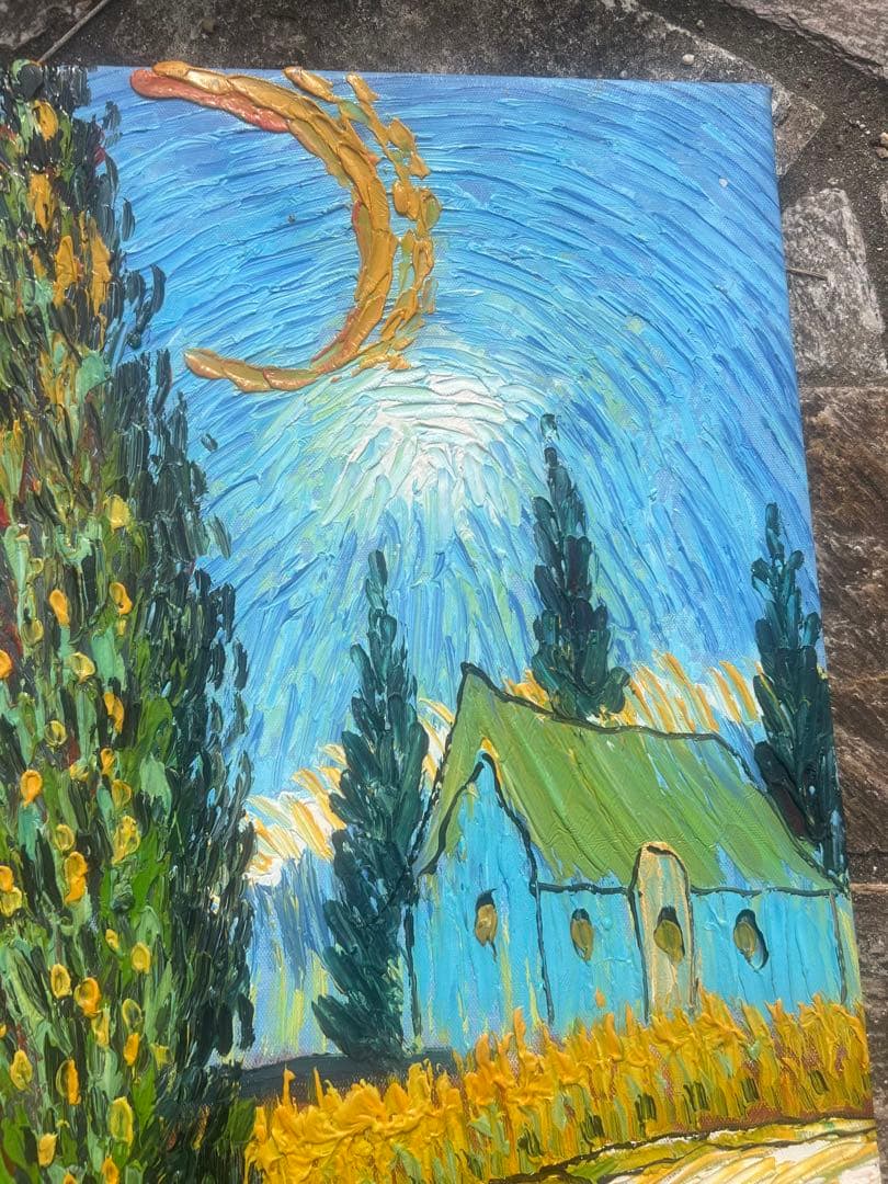 油絵　ゴッホ　《夜のプロヴァンスの田舎道（糸杉と星の見える道）》額なし　木枠のみ