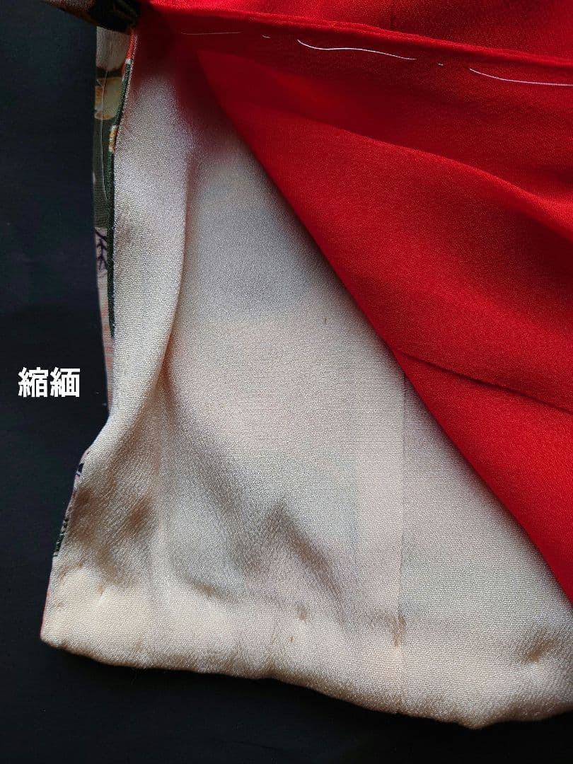 市松人形の着物　薄手の縮緬　振り袖　古布　袷　比翼付き　15号52cm用　緑系