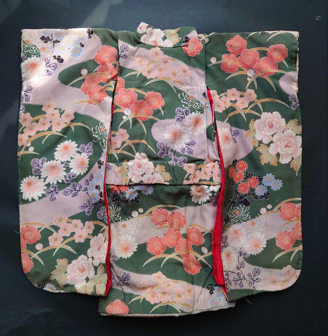 市松人形の着物　薄手の縮緬　振り袖　古布　袷　比翼付き　15号52cm用　緑系