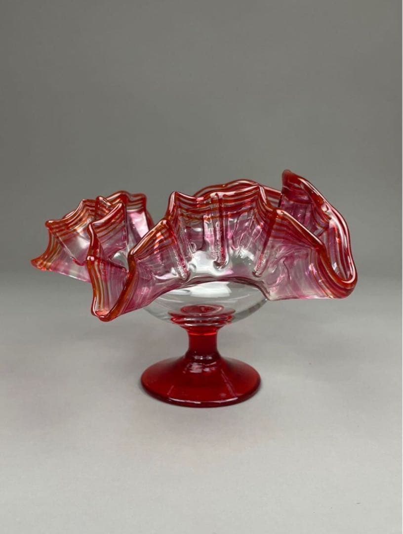 明治期 氷コップ 和ガラス 硝子 赤フリルガラス 色ガラス 手捻り 気泡有り