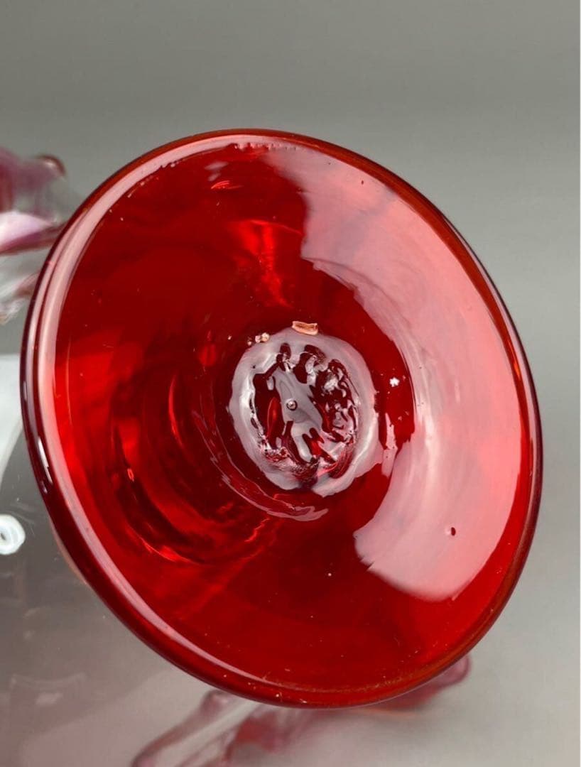 明治期 氷コップ 和ガラス 硝子 赤フリルガラス 色ガラス 手捻り 気泡有り