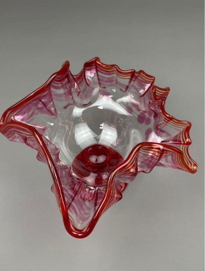 明治期 氷コップ 和ガラス 硝子 赤フリルガラス 色ガラス 手捻り 気泡有り