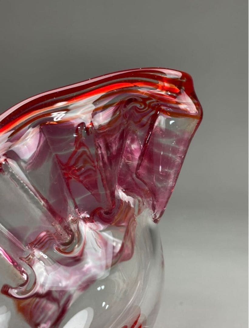 明治期 氷コップ 和ガラス 硝子 赤フリルガラス 色ガラス 手捻り 気泡有り