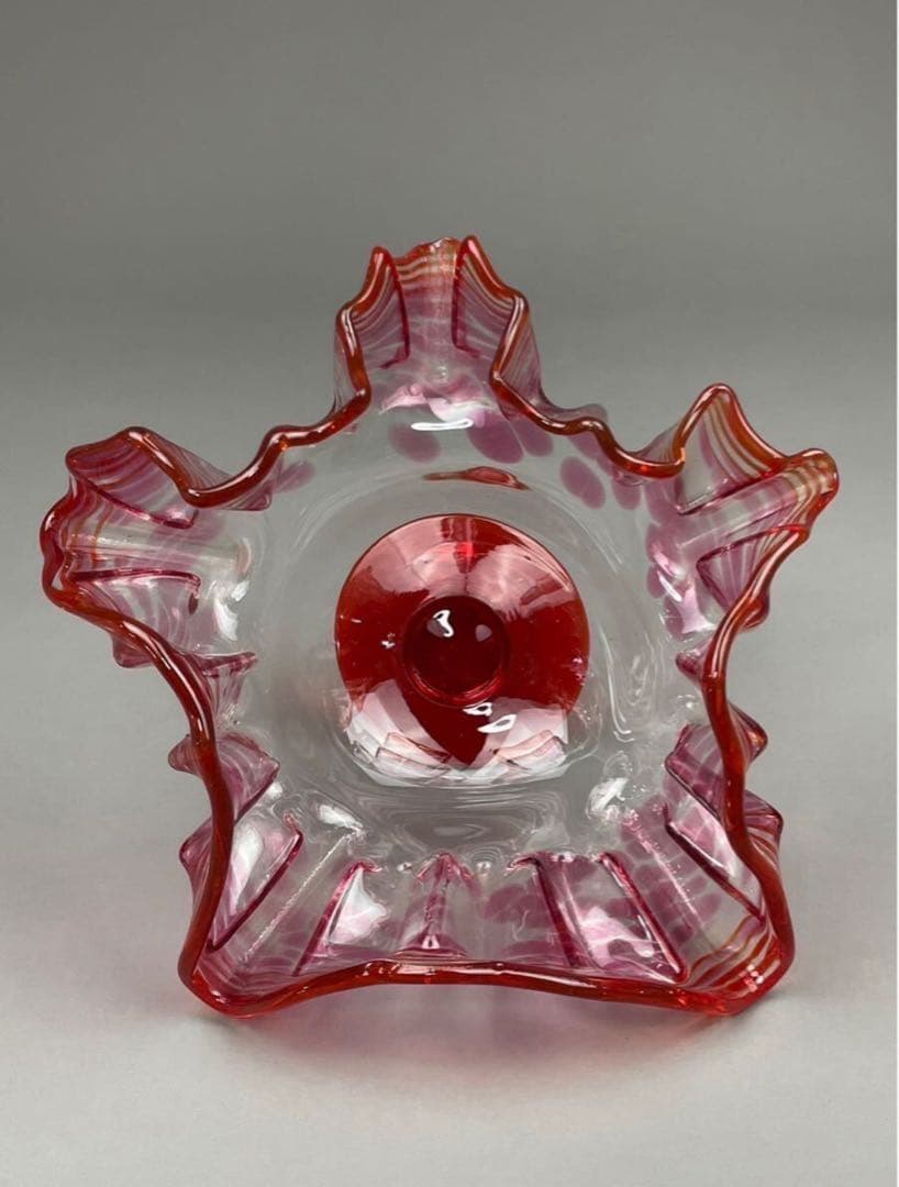 明治期 氷コップ 和ガラス 硝子 赤フリルガラス 色ガラス 手捻り 気泡有り