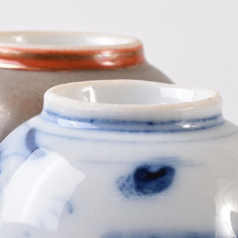 九谷焼　九谷錦盛堂　赤絵金彩　人物文　一對　青粒　花文　酒盃3客　V　R8183