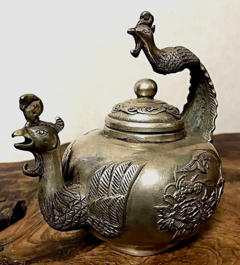 中国美術 白銅 鳳凰草花刻紋 急須 大明宣徳年製