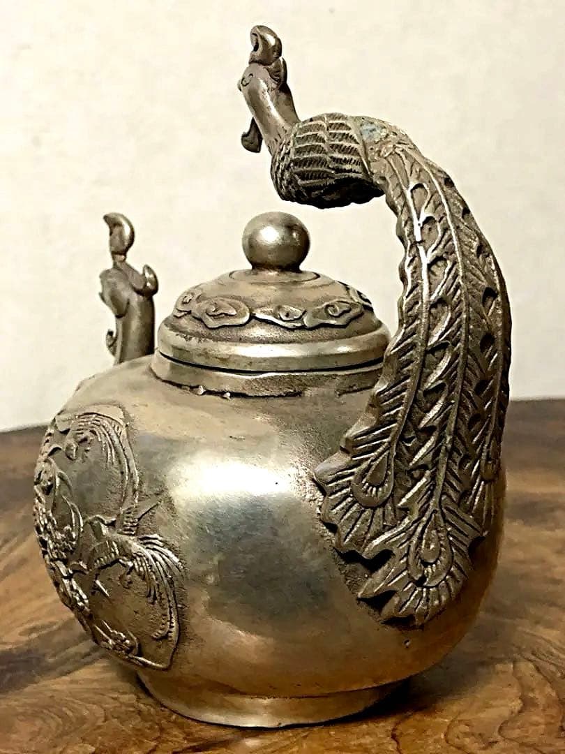 中国美術 白銅 鳳凰草花刻紋 急須 大明宣徳年製