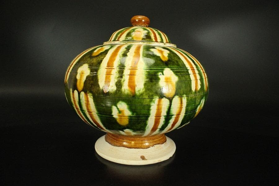 中国美術 唐三彩 蓋 丸壷(A368)