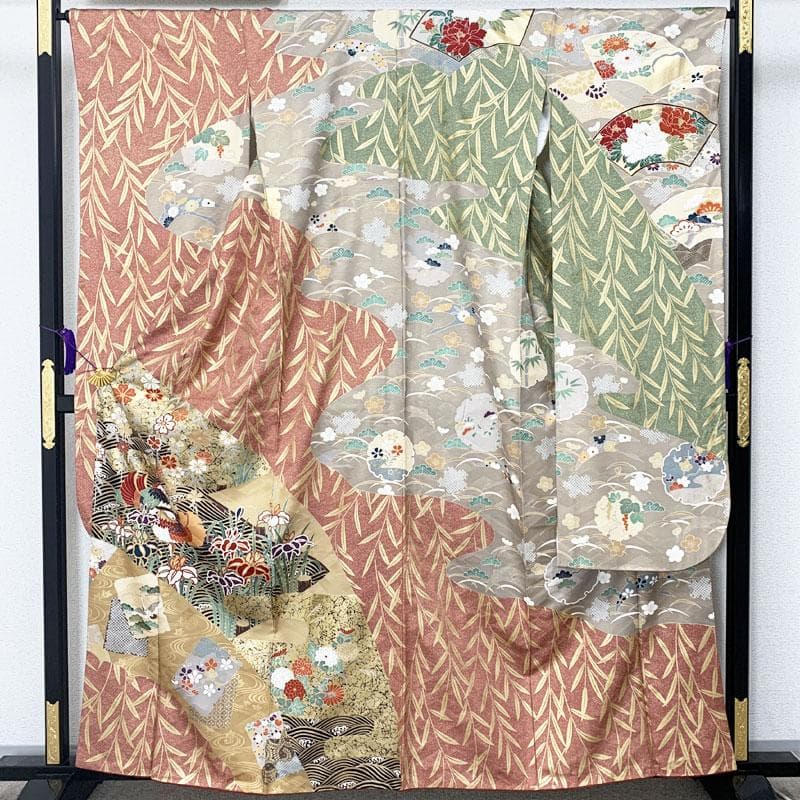 507z19☆振袖 重ね衿付 古典柄 金駒刺繍 金彩 地紋☆美品 成人式 結婚式