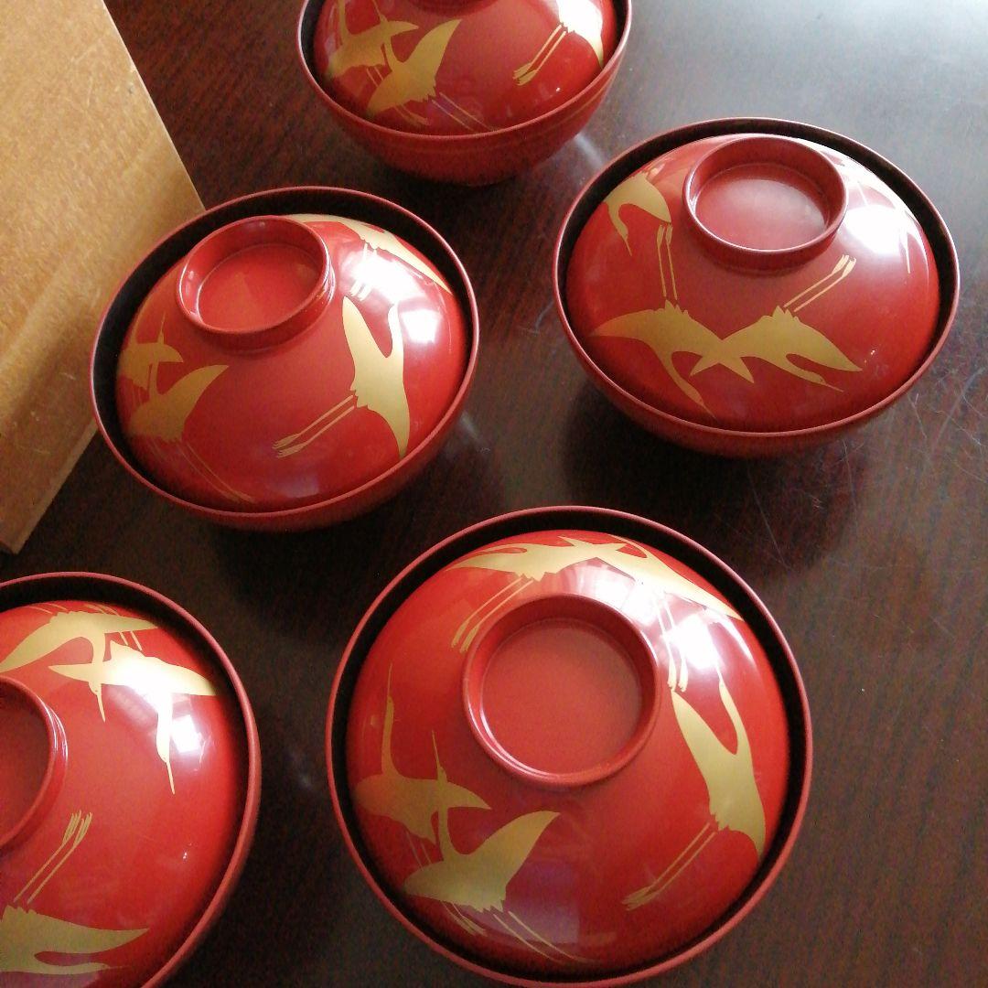 輪島塗　朱塗金彩飛鶴蓋付吸物椀　5客　12.5cm