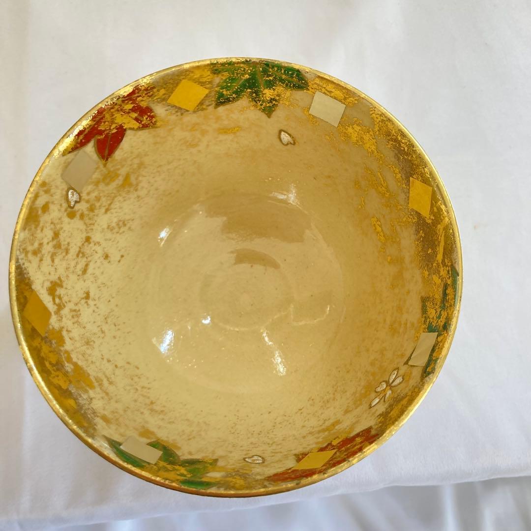 平井覚山　金箔立田川　茶碗